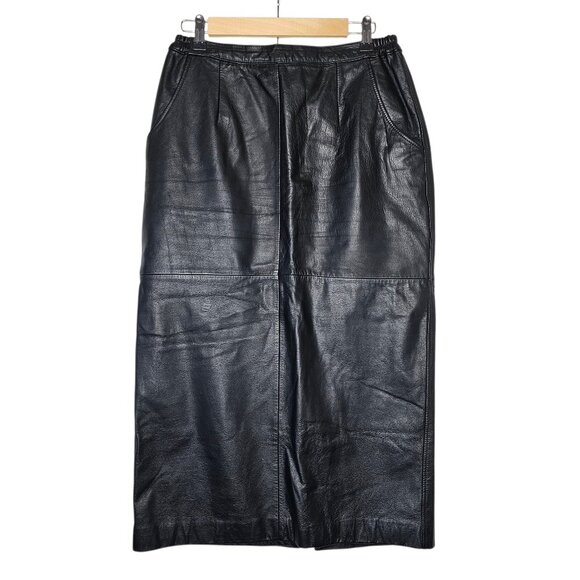 Vintage Genuine Leather Long Midi Pencil Skirt Black Pockets JFS Signature Sz 10 - Picture 1 of 11